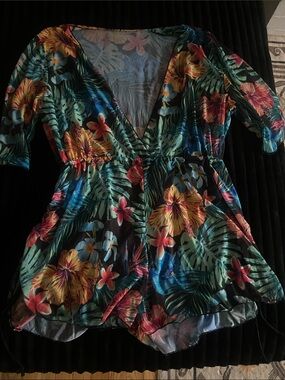 SHEIN Black Multi Tropical Floral Swim Coverup with V-Neck